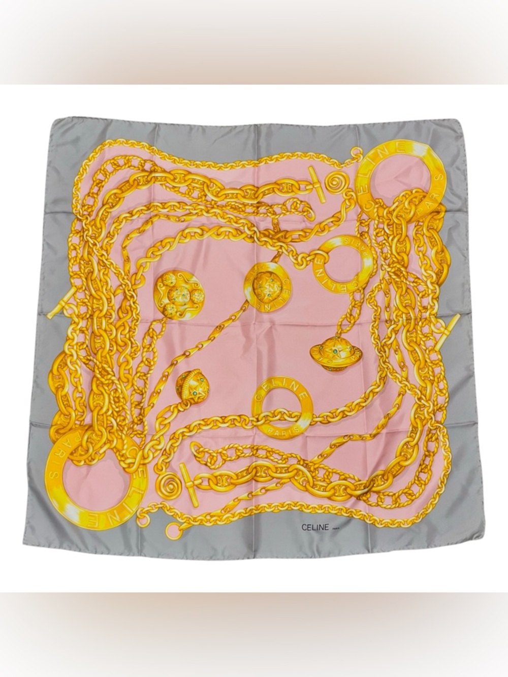 CELINE Paris Silk Scarf Pink Gold Chain Print Square